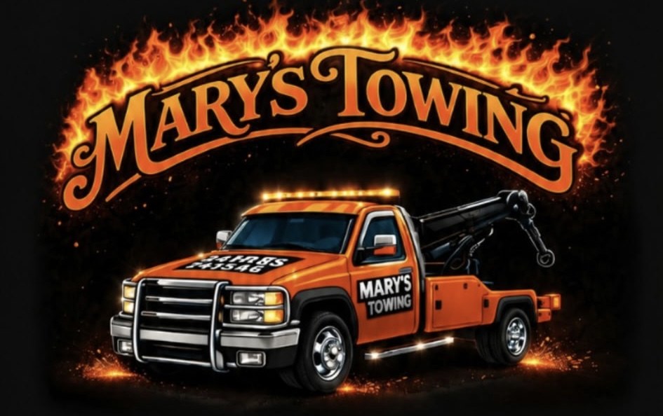 Mary's Towing — orange tow truck with flames